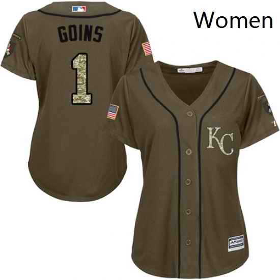 Womens Majestic Kansas City Royals 1 Ryan Goins Authentic Green Salute to Service MLB Jersey